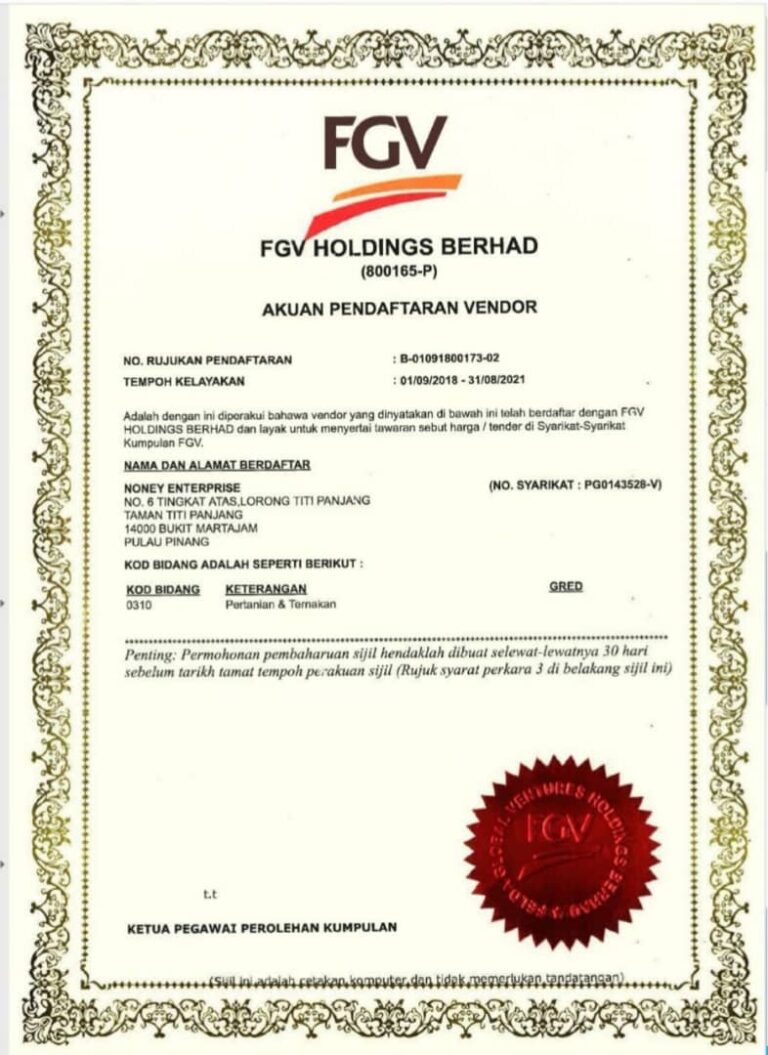 FGV Holdings vendor registration certificate